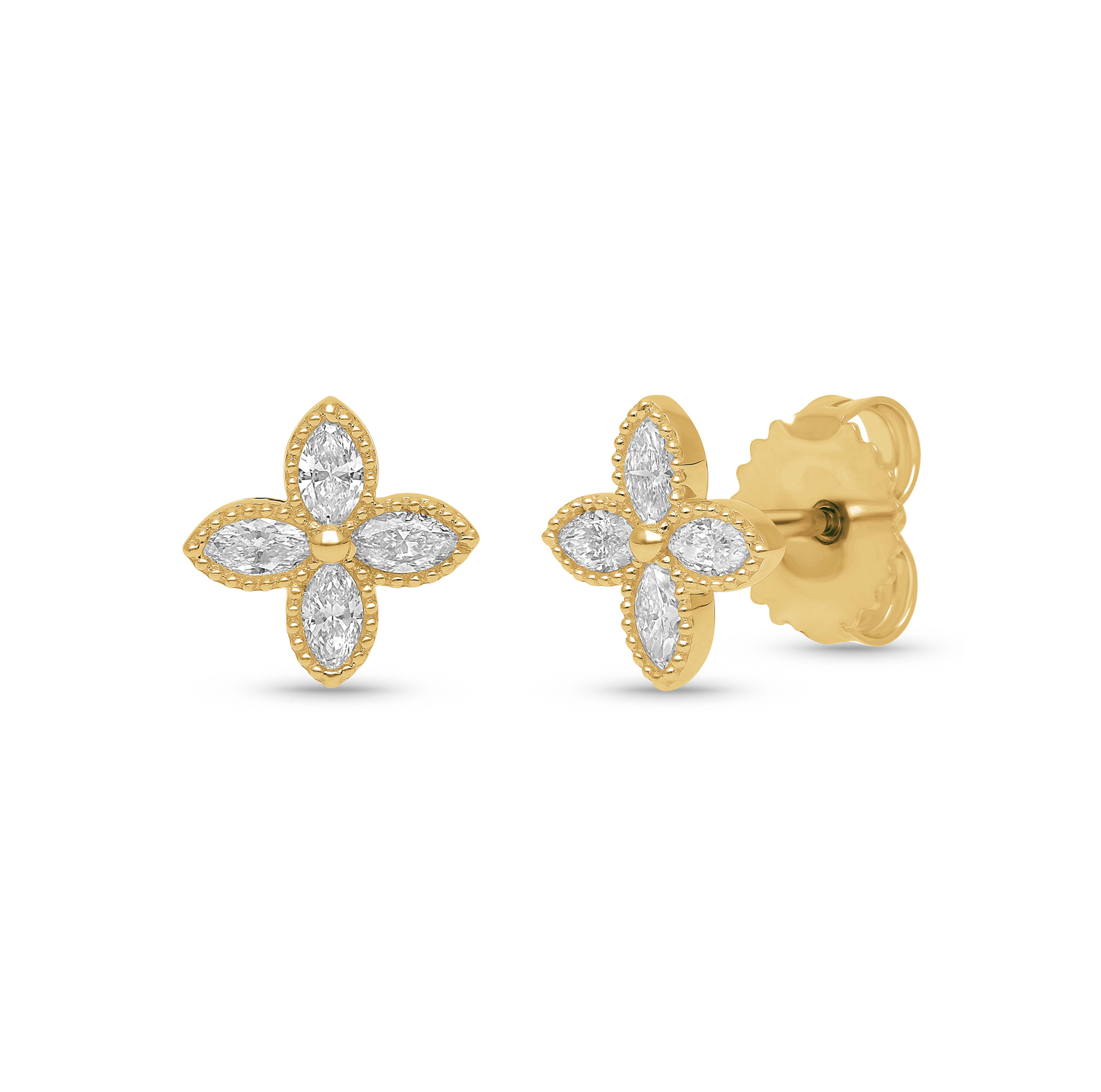14K Yellow Gold Marquise Diamond Flower Earrings